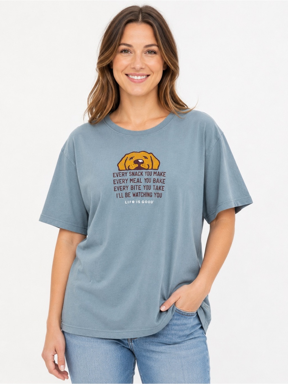 Life is Good Women’s Blue Gray Dog Graphic Crusher Tee Shirt Size XL